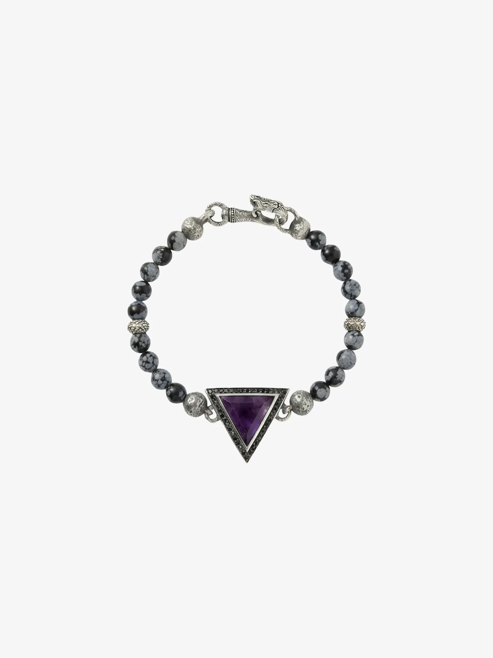 Amulet Beaded Bracelet In Silver With Black Diamonds And Cabochon Obsidian