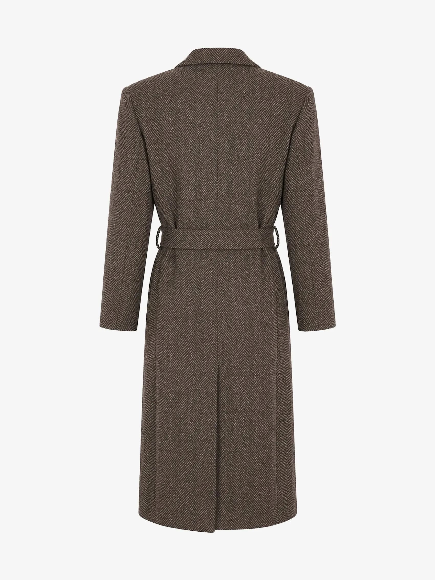 Belted Long Coat in Herringbone Wool