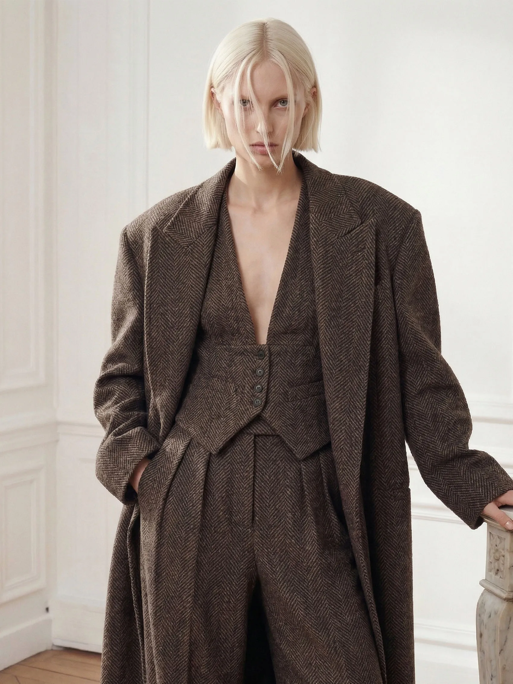Belted Long Coat in Herringbone Wool