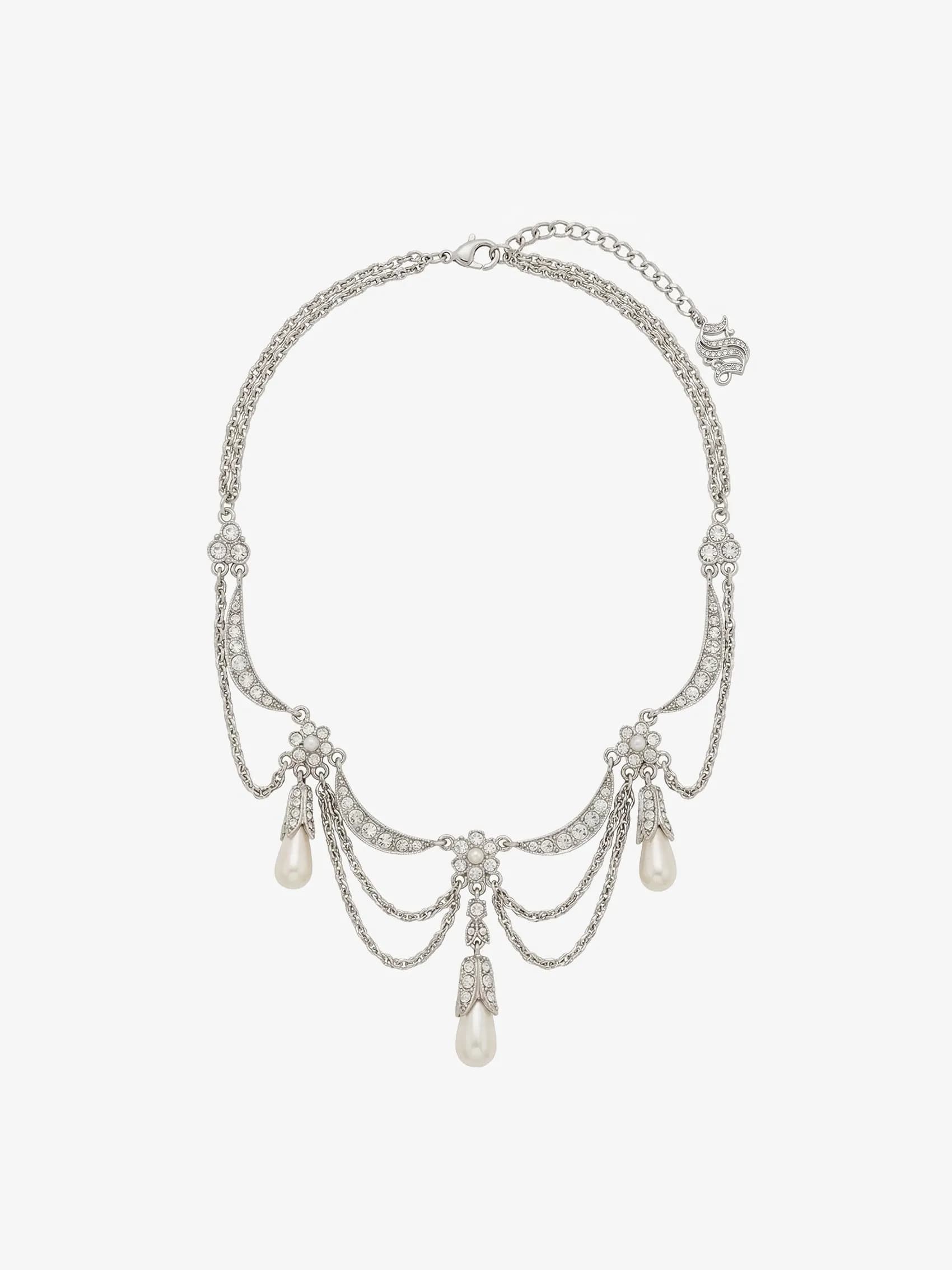 Draped Necklace In Crystal, Pearl And Metal