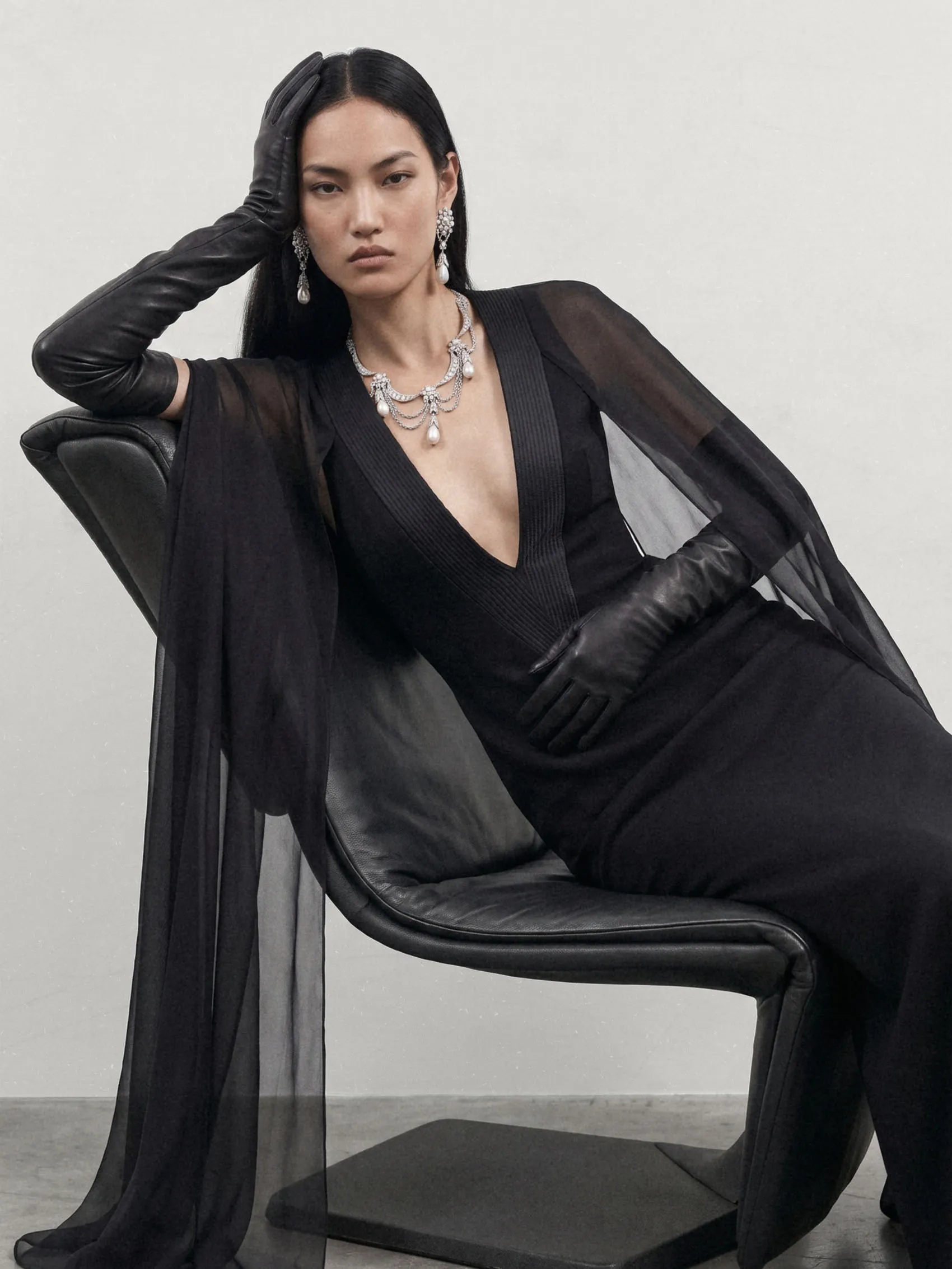 Plunging V-Neck Cape Dress In Wool And Silk