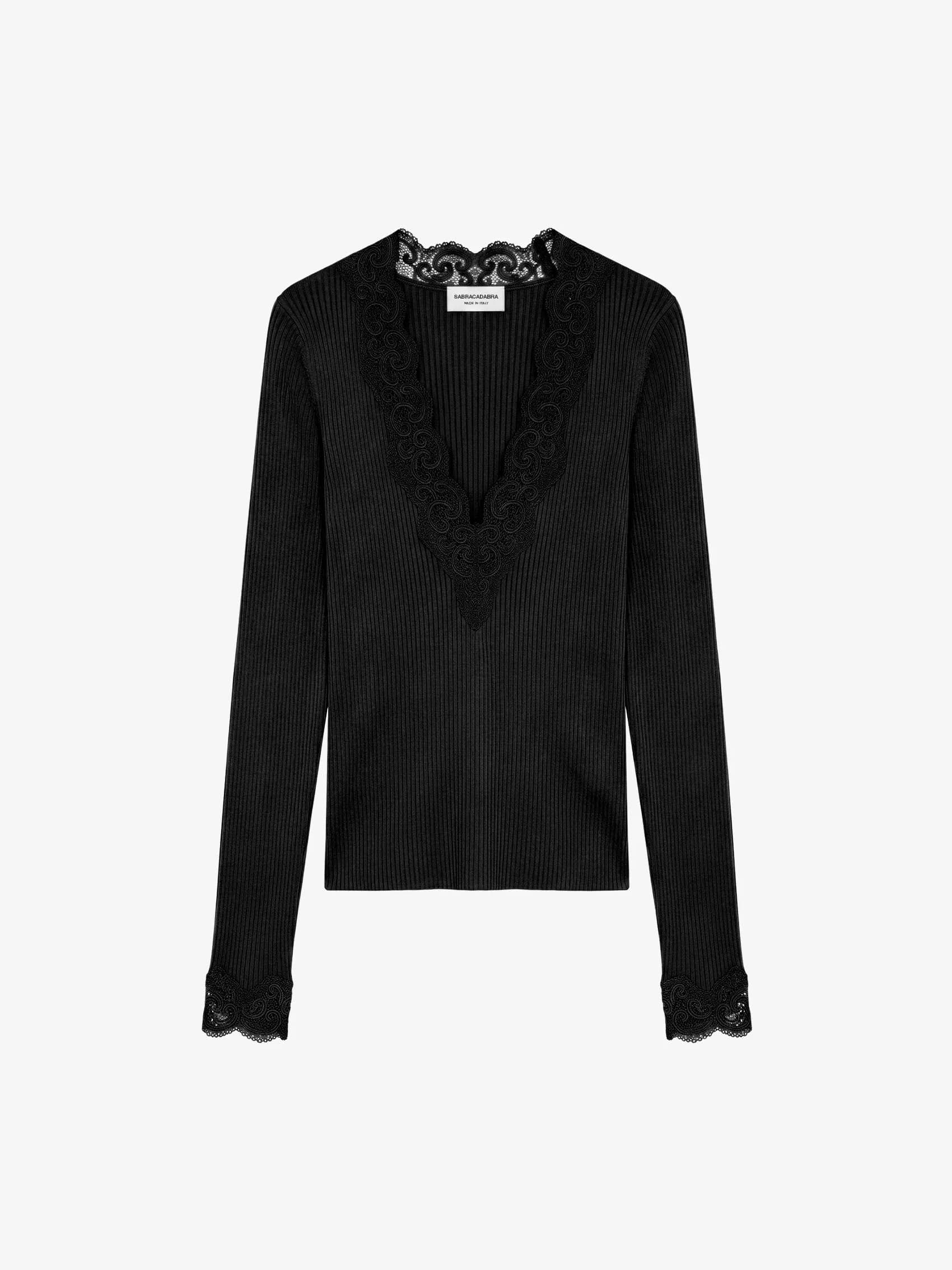 Laced V-Neck Top in Ribbed Silk