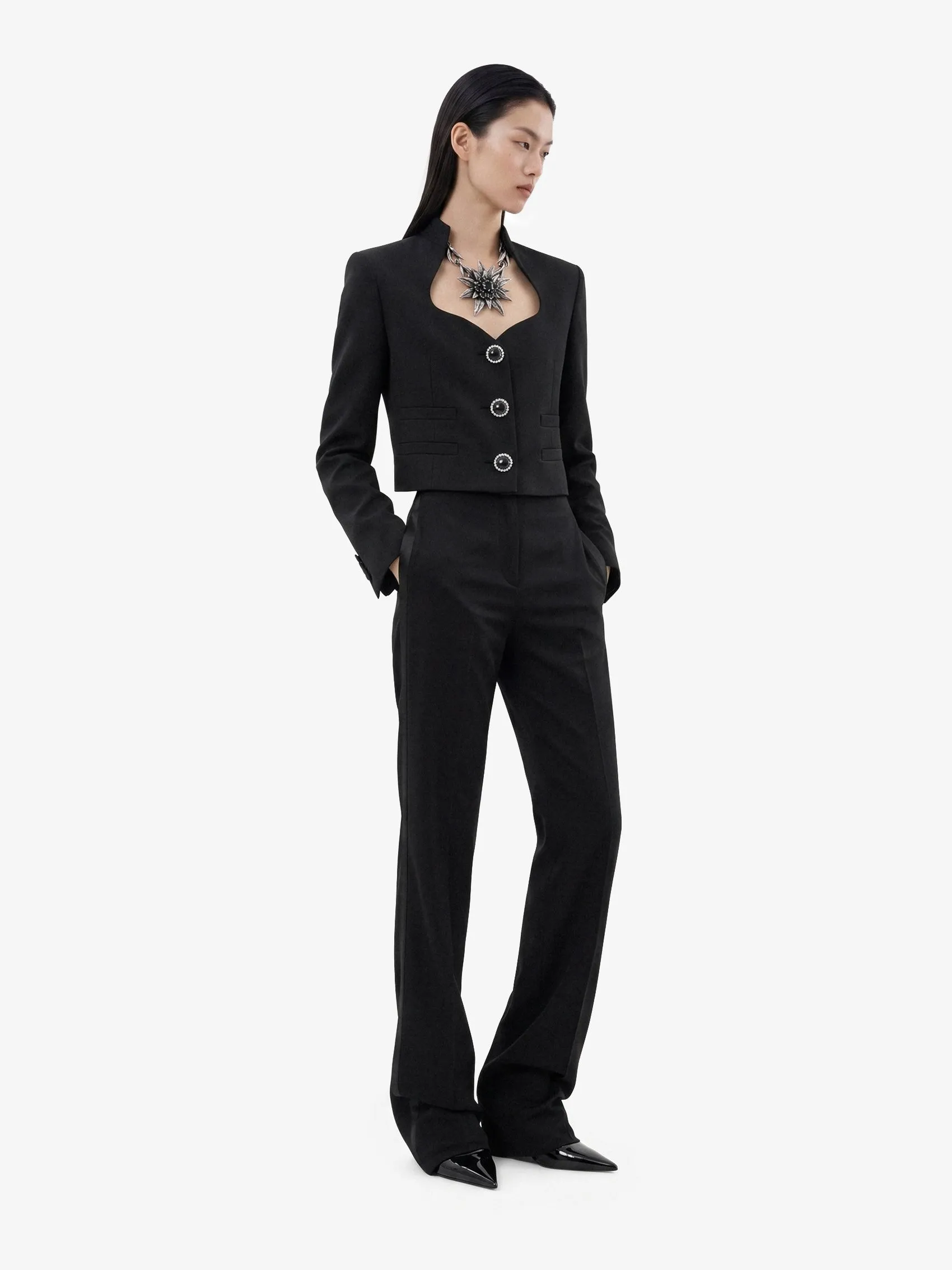 High-Waisted Tuxedo Pants in Grain de Poudre